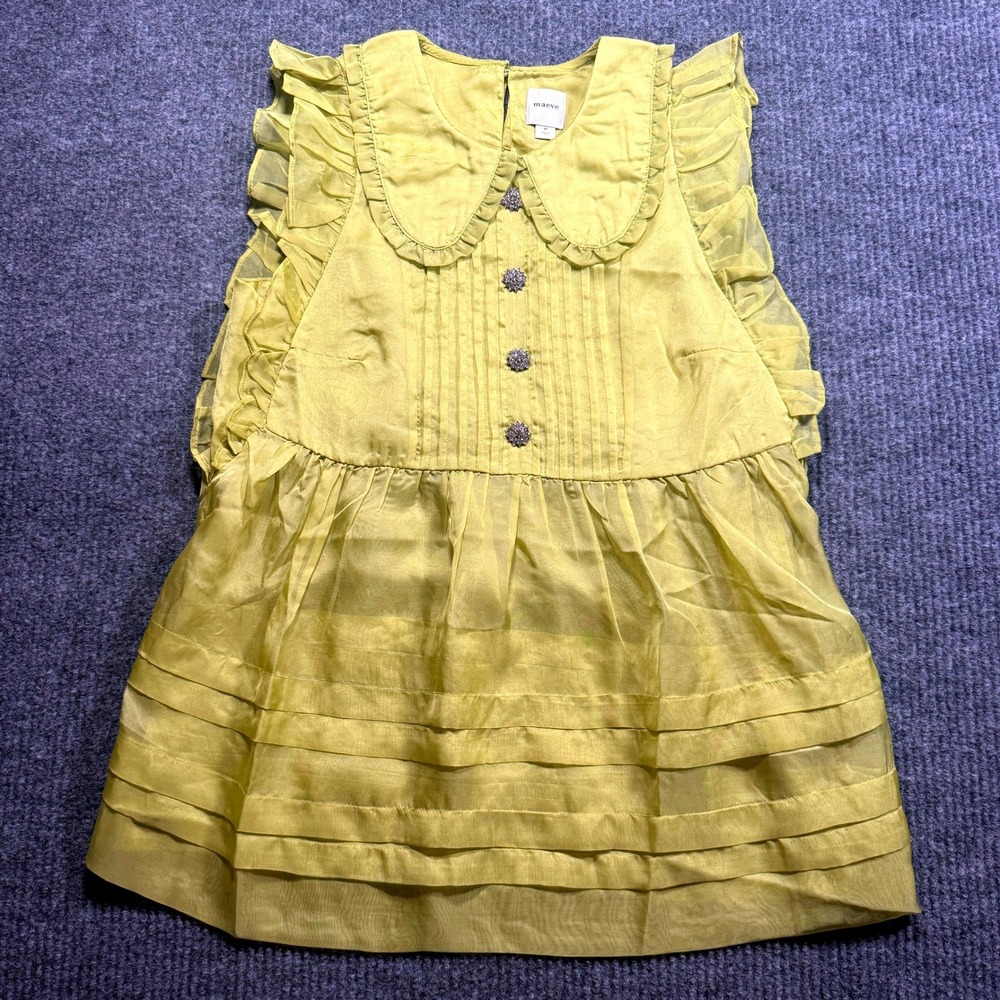 Maeve Babydoll Blouse Womens M Yellow Green Ruffle Peter Pan Collar Rhinestones